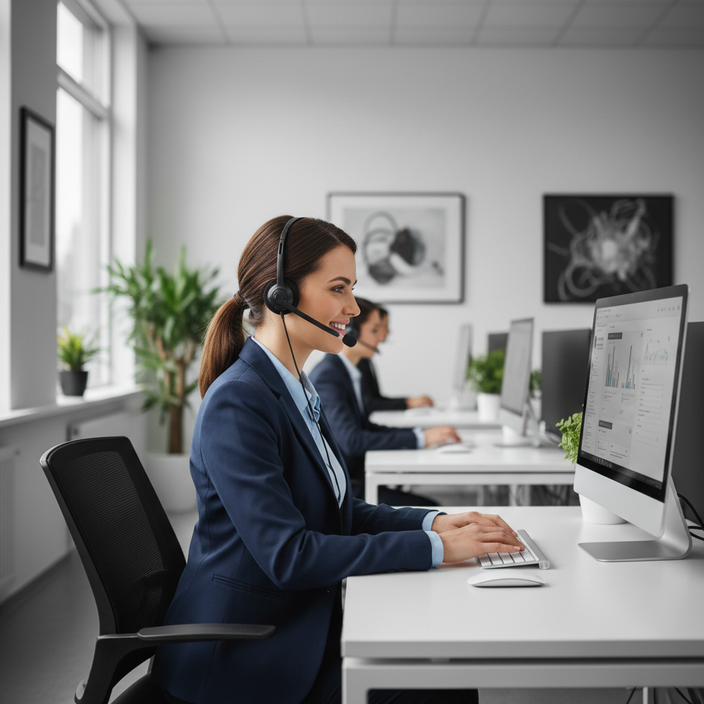 A single female call center support, image format : Square 