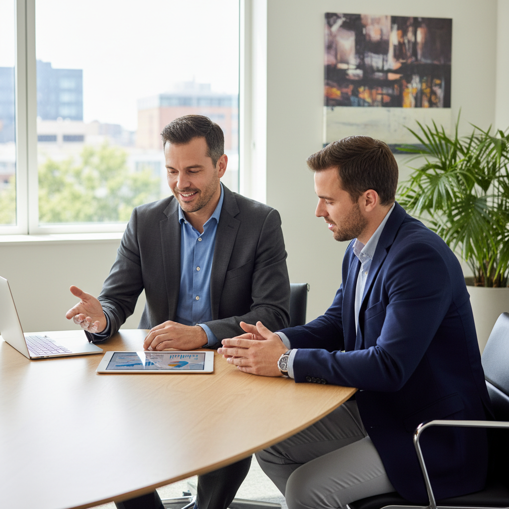 Both Male professional and customer sitting and explaining / Image : Square format