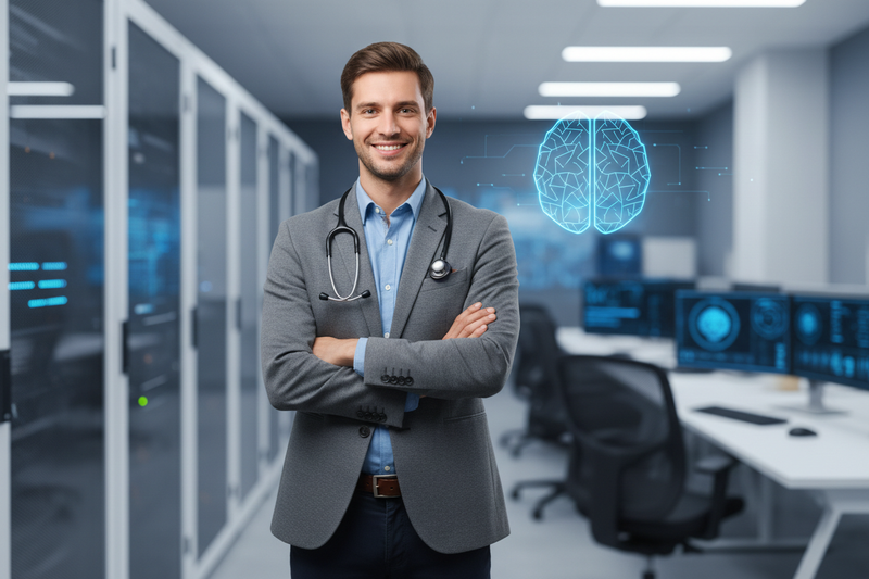 Free Diagnosis Service with the IT Professional Male with a smiling wearing stethoscope