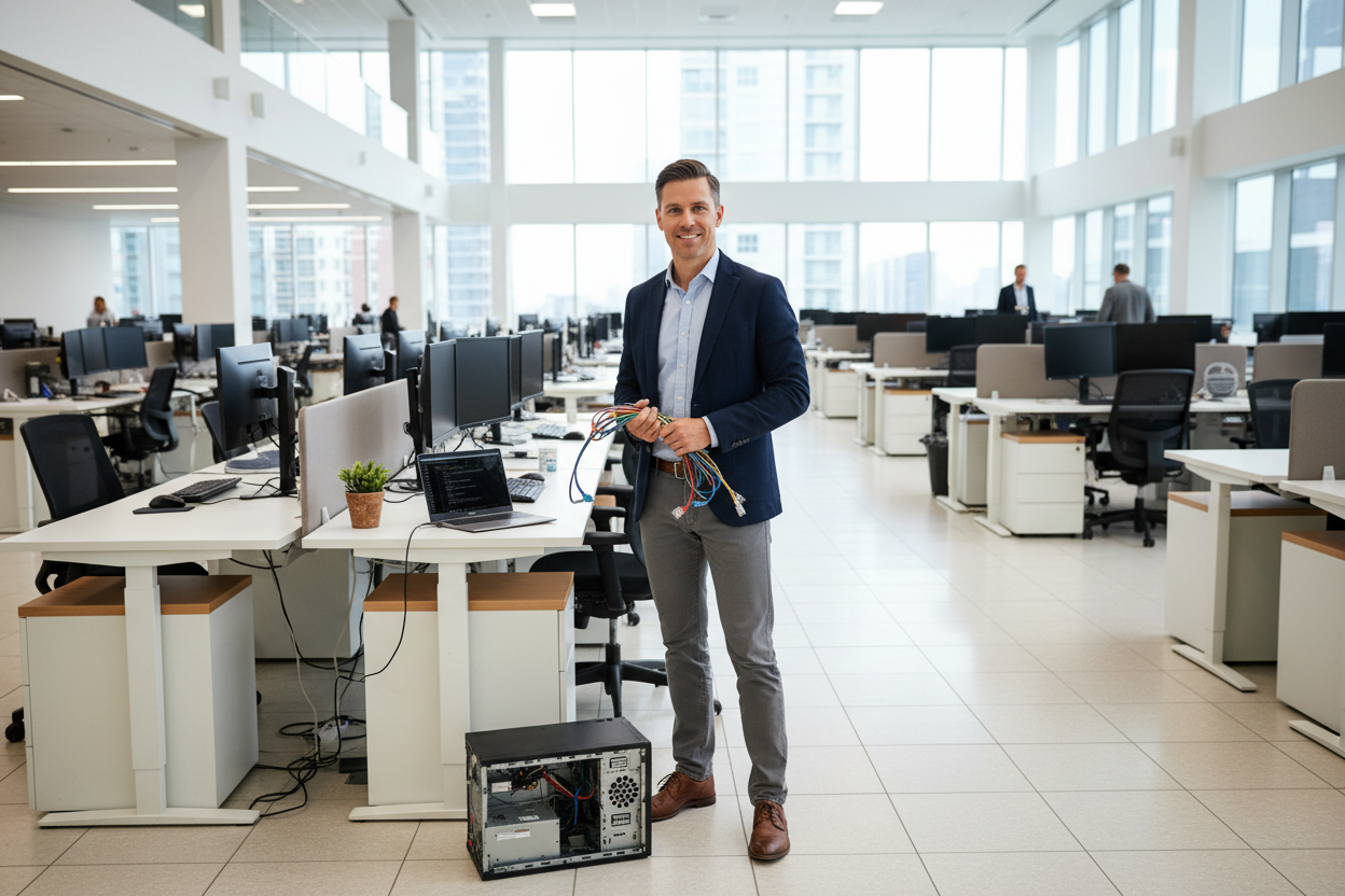 make the picture in a huge office and a technician with the friendly face