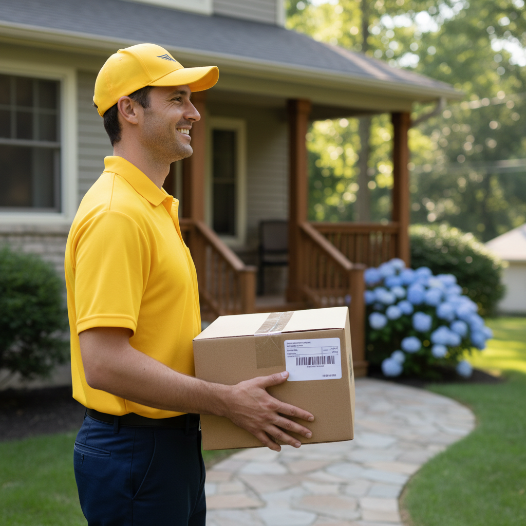 Please change more on the side angle that the male delivery staff carrying a package with a smile. 