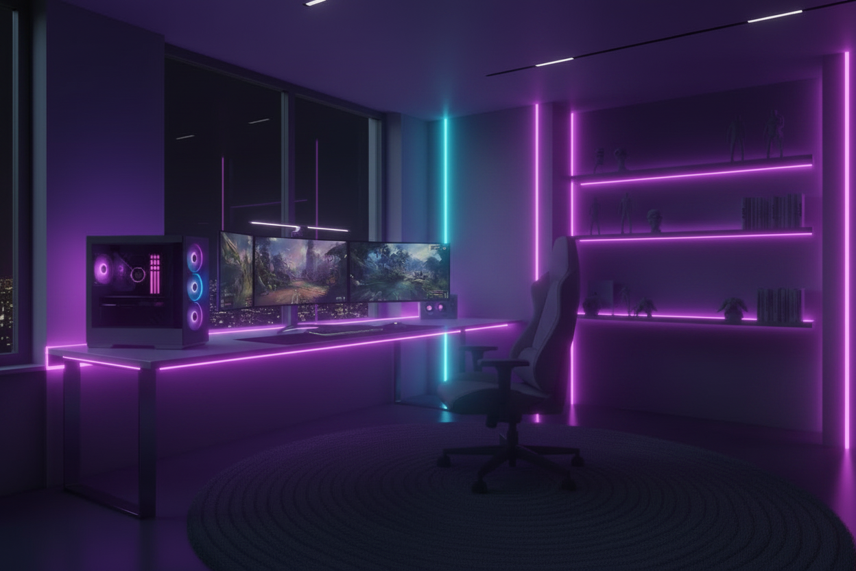 Please create a little bit lighter modern gaming room with Neon lights 
