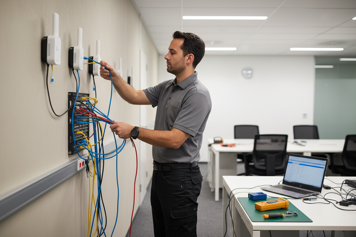 WLAN wiring network setup by a technician without showing the server. 